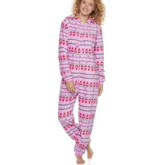 Womens Christmas Pajamas Small Union Suit Gnome Hooded SO 1 Pc Pink Fleece - Picture 1 of 3